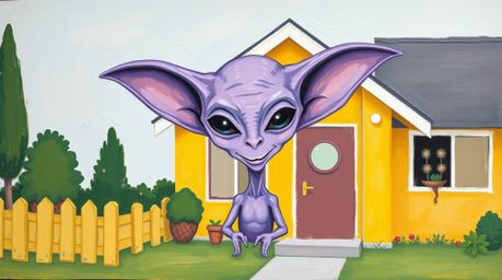 This bold acrylic painting depicts a friendly, purple-skinned alien with large ears, residing peacefully in a yellow suburban