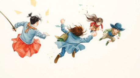 This collection showcases a series of delicate watercolor paintings depicting dynamic chase scenes from a unique bird's eye p