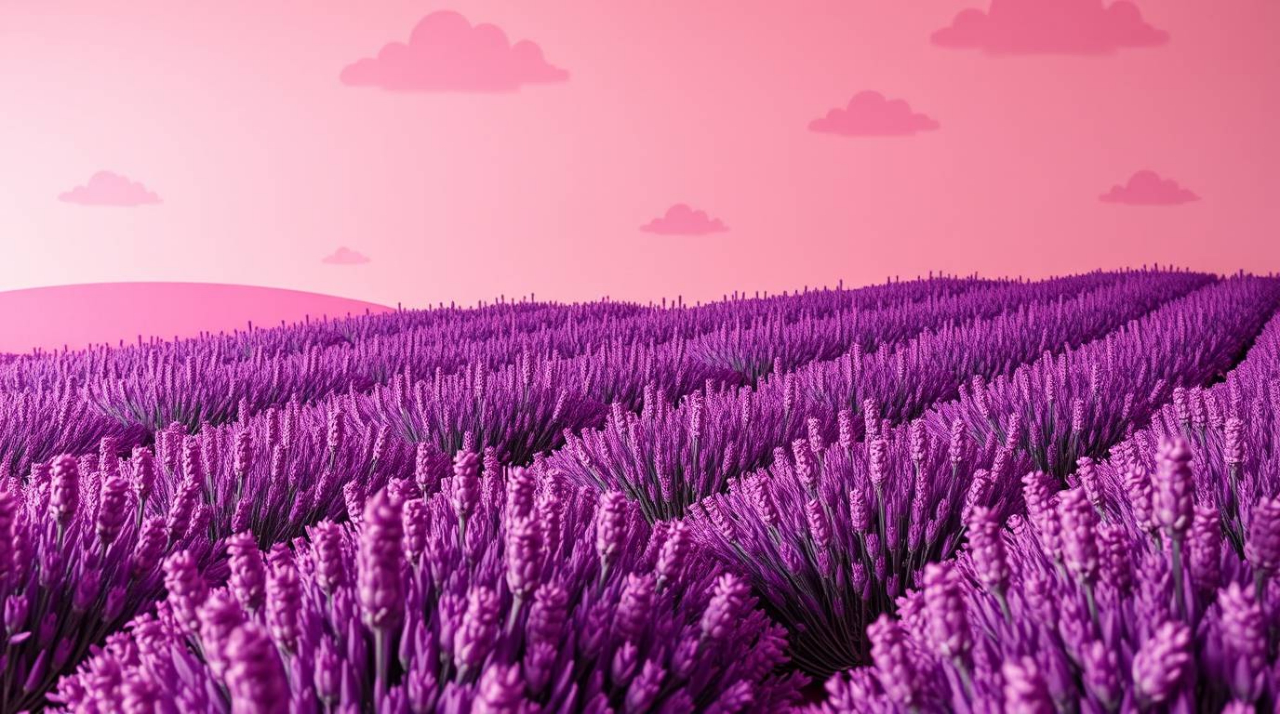 A graceful and elegant papier-mâché sculpture depicting lavender fields glowing under a dreamy pink sky, showcases sculpted, 
