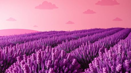 A graceful and elegant papier-mâché sculpture depicting lavender fields glowing under a dreamy pink sky, showcases sculpted, 