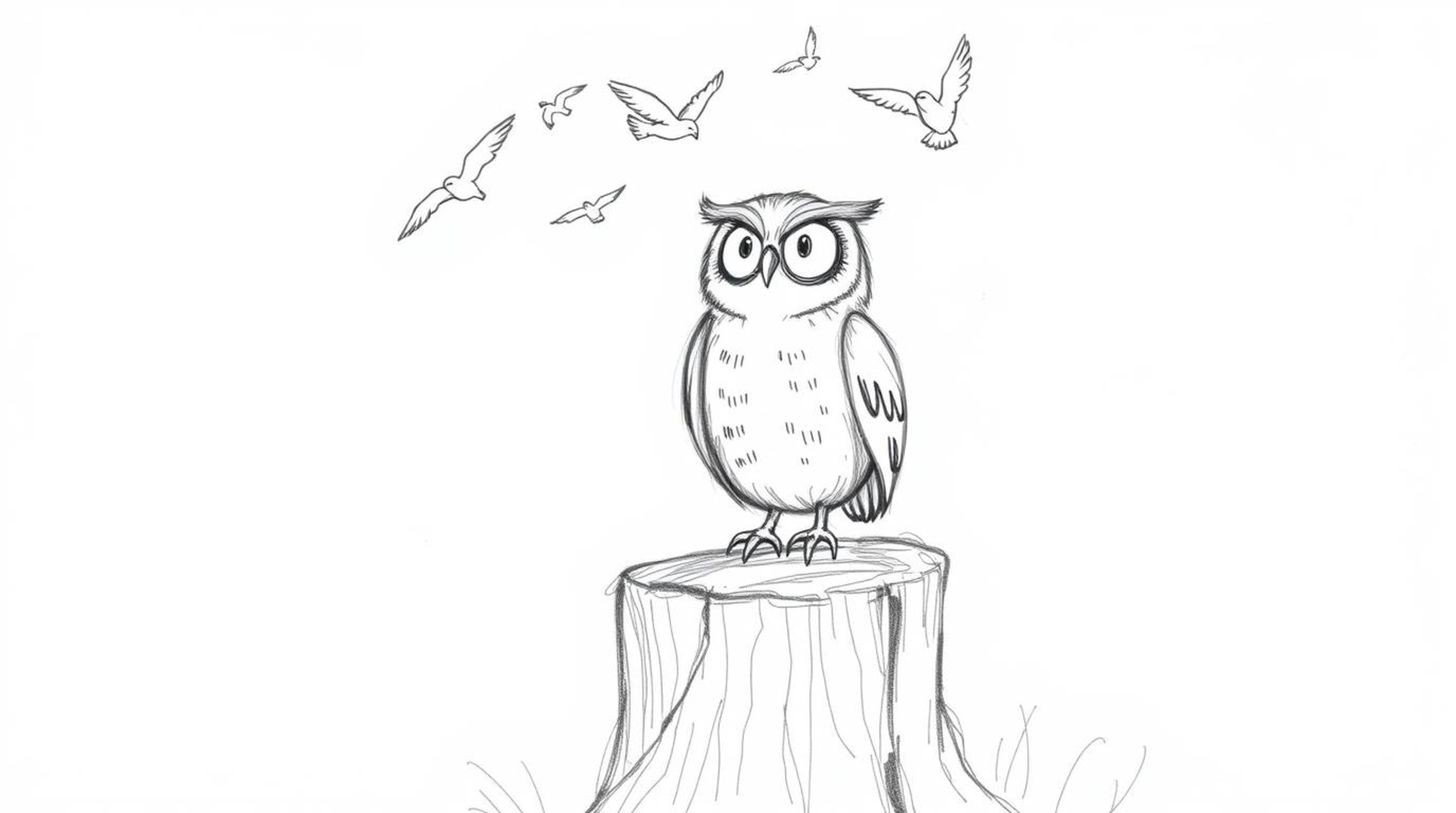 A heartwarming hand-drawn sketch in Pixar style depicts a blind owl with soft, expressive features perched on a tree stump, j