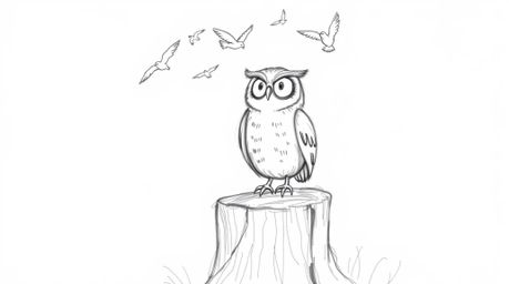 A heartwarming hand-drawn sketch in Pixar style depicts a blind owl with soft, expressive features perched on a tree stump, j