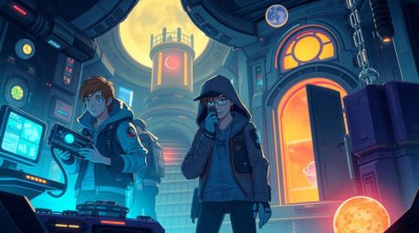 Explore a futuristic sci-fi world where a group of teens tackles mysteries within a haunted mansion.  Advanced technology, sp