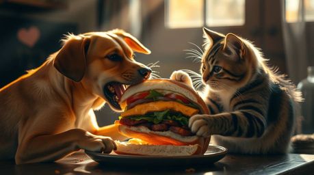 A fierce struggle unfolds between a dog and cat over a massive sandwich, dramatically lit by strong, warm autumnal light. The