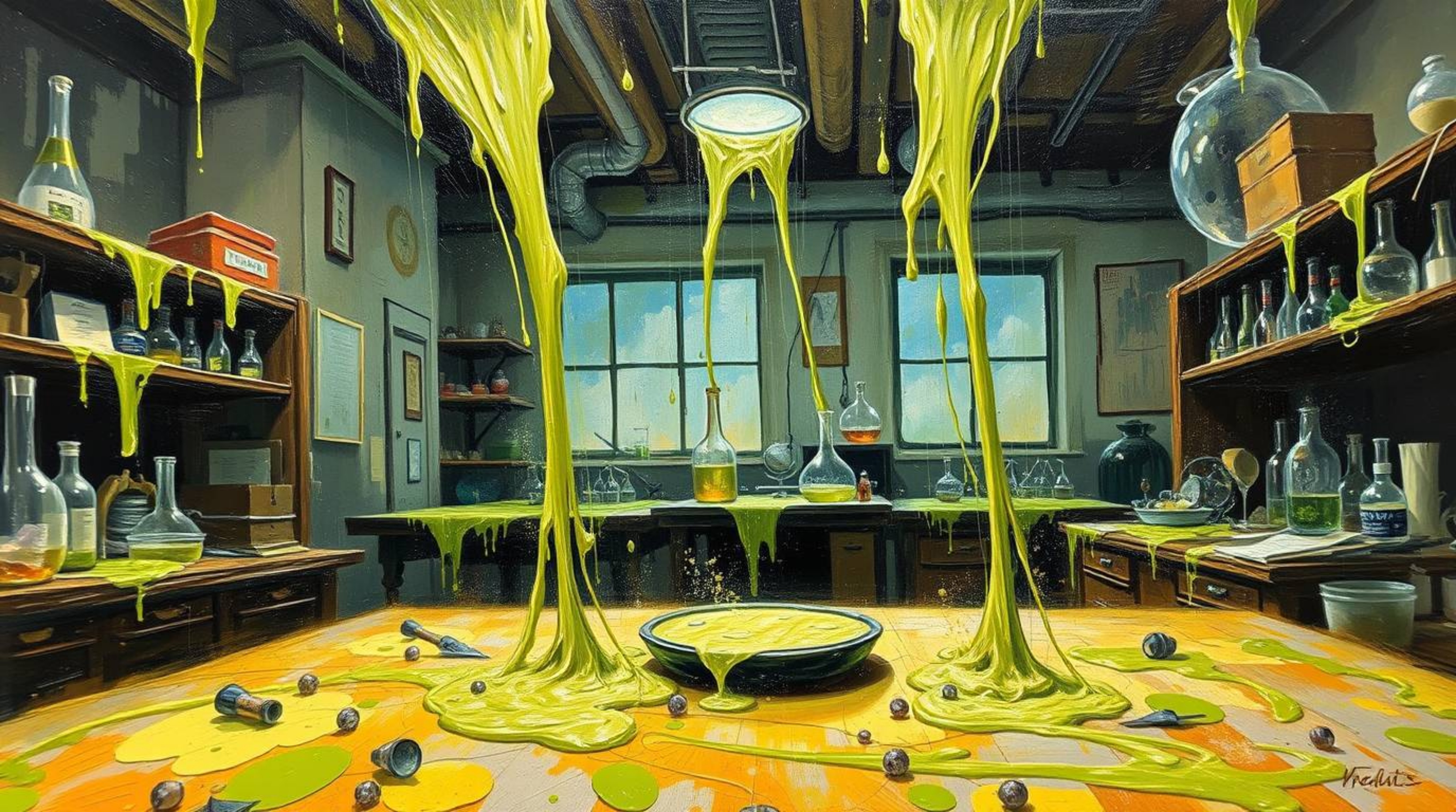 A captivating classic oil painting depicts a dynamic and motion-filled science lab engulfed in vibrant slime.  The artwork sh
