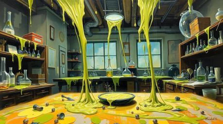 A captivating classic oil painting depicts a dynamic and motion-filled science lab engulfed in vibrant slime.  The artwork sh