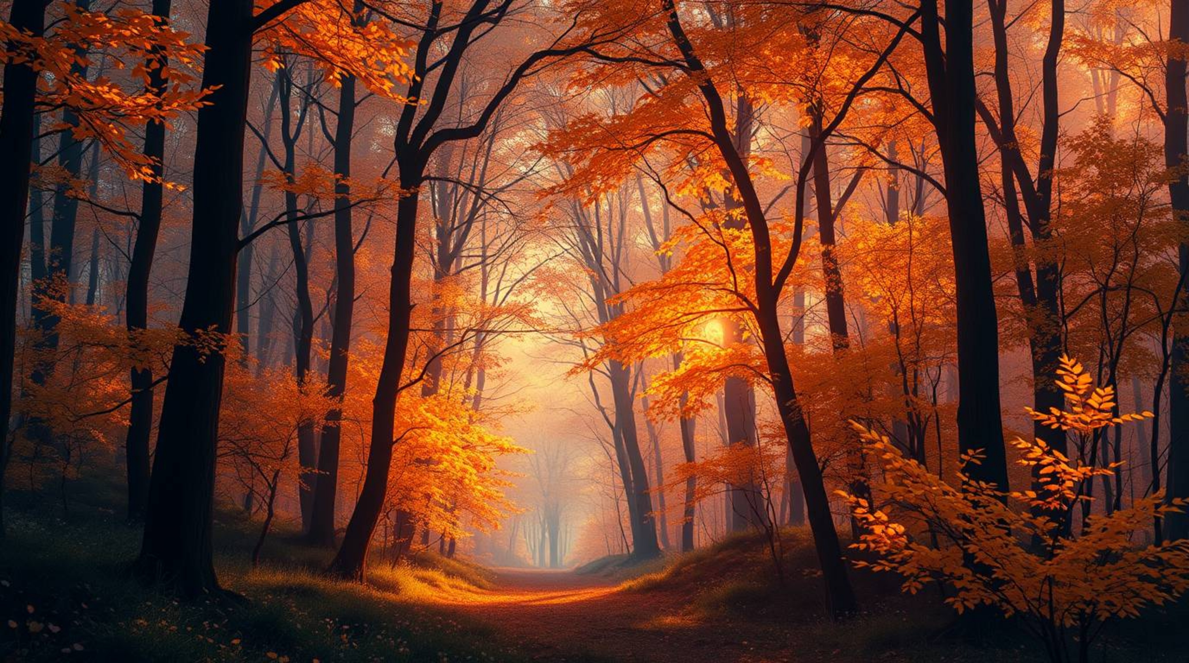 This captivating digital painting transports you to a dreamy autumn forest, bathed in the soft glow of a bioluminescent sunse