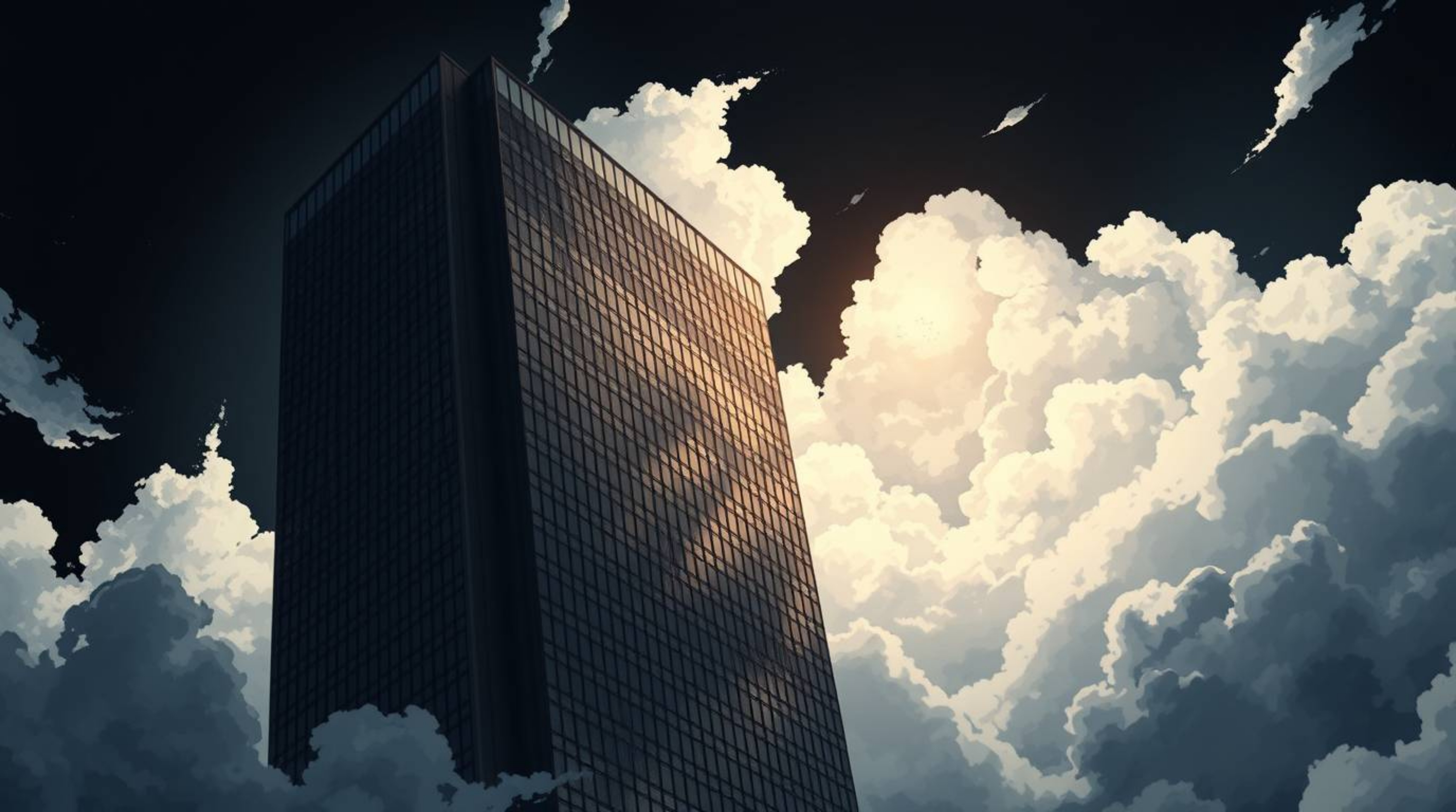 This image depicts a modern glass building dissolving into the sky in an intense jet black, Isekai anime style. Soft clouds b