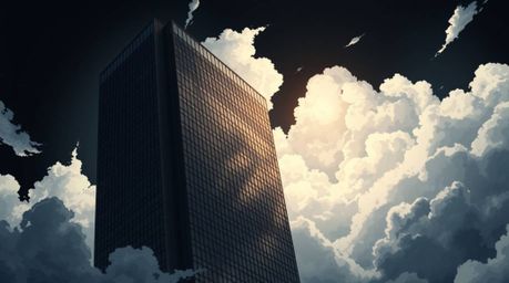 This image depicts a modern glass building dissolving into the sky in an intense jet black, Isekai anime style. Soft clouds b