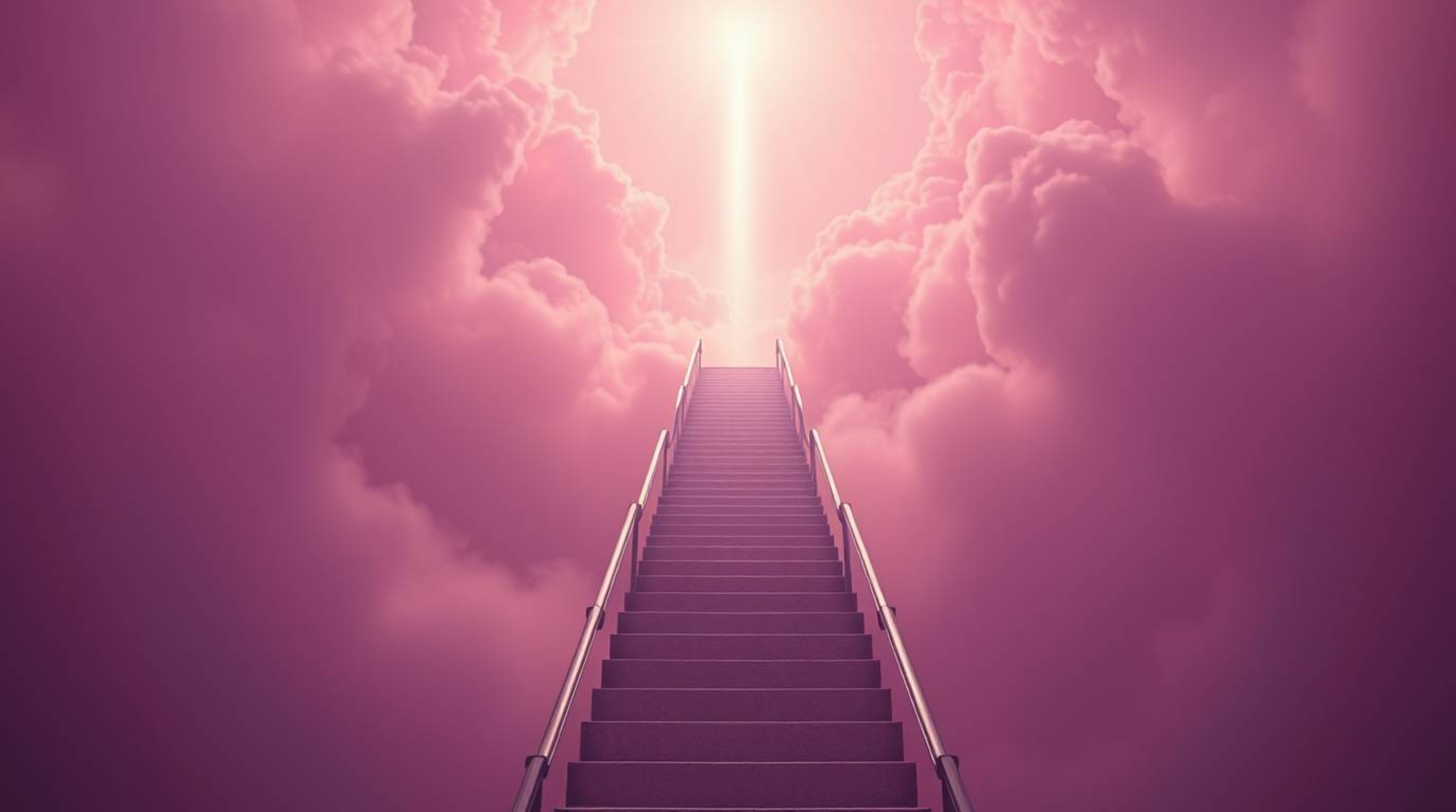 An architectural color photograph capturing a surreal stairway that ascends through smoky clouds towards a bright celestial l
