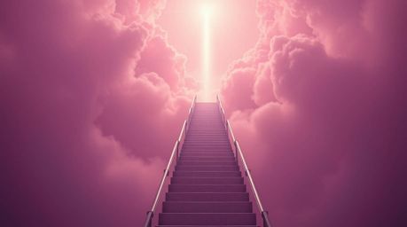 An architectural color photograph capturing a surreal stairway that ascends through smoky clouds towards a bright celestial l