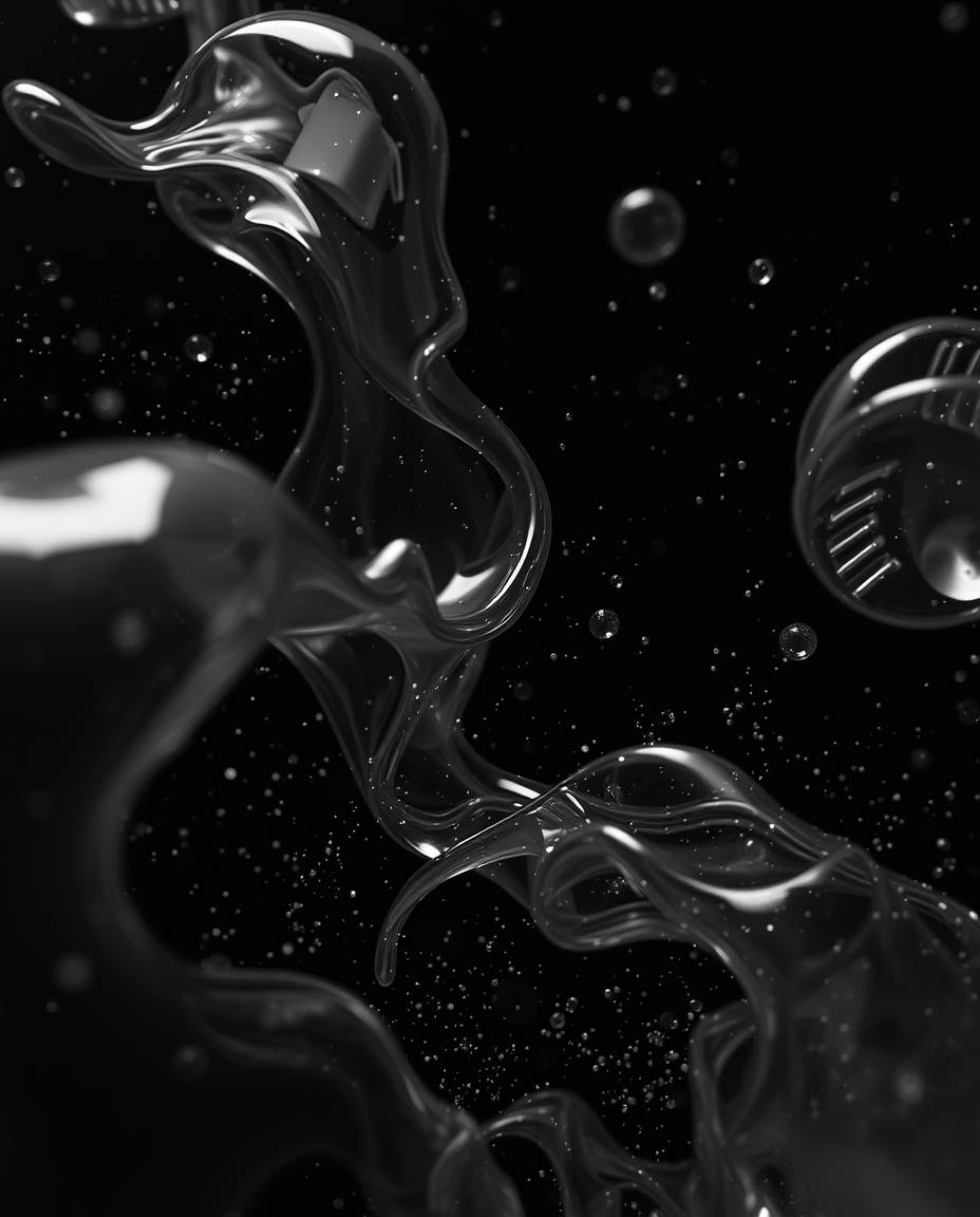 Explore a classic black and white composition featuring an eerie atmosphere with glassy, fluid 3D shapes in motion. Glowing p