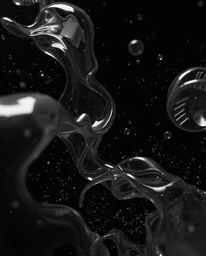 Explore a classic black and white composition featuring an eerie atmosphere with glassy, fluid 3D shapes in motion. Glowing p