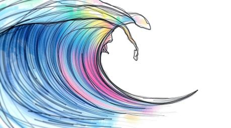 Explore a captivating hand-drawn sketch featuring bioluminescent colors and a low-angle perspective. This fluid abstract wave