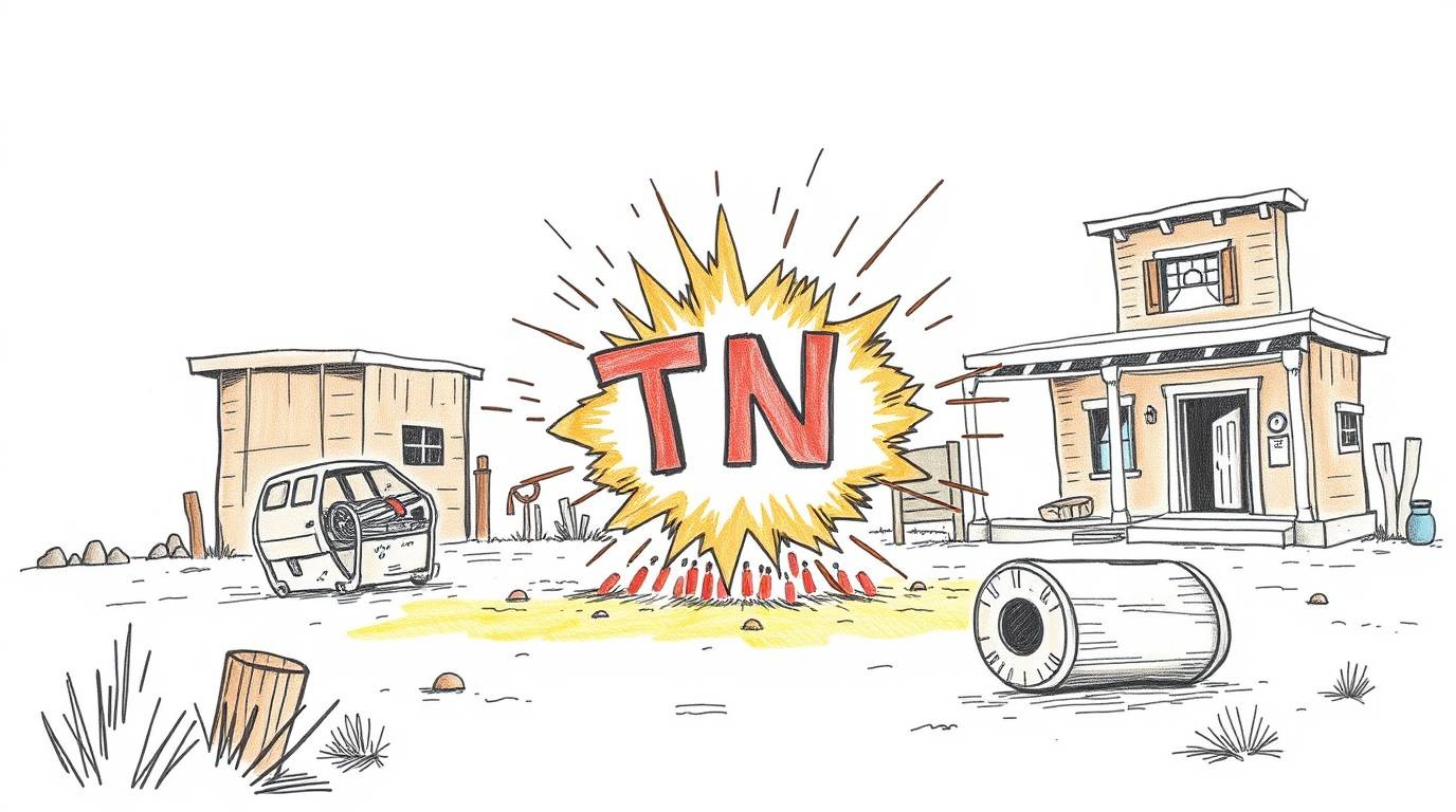 A classic exploding TNT gag set in the Wild West, rendered in a charming hand-drawn style.  This animation utilizes a soft pa