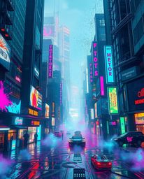 Immerse yourself in a high-contrast cyberpunk cityscape bursting with vibrant neon splashes and iridescent reflections.  Inte