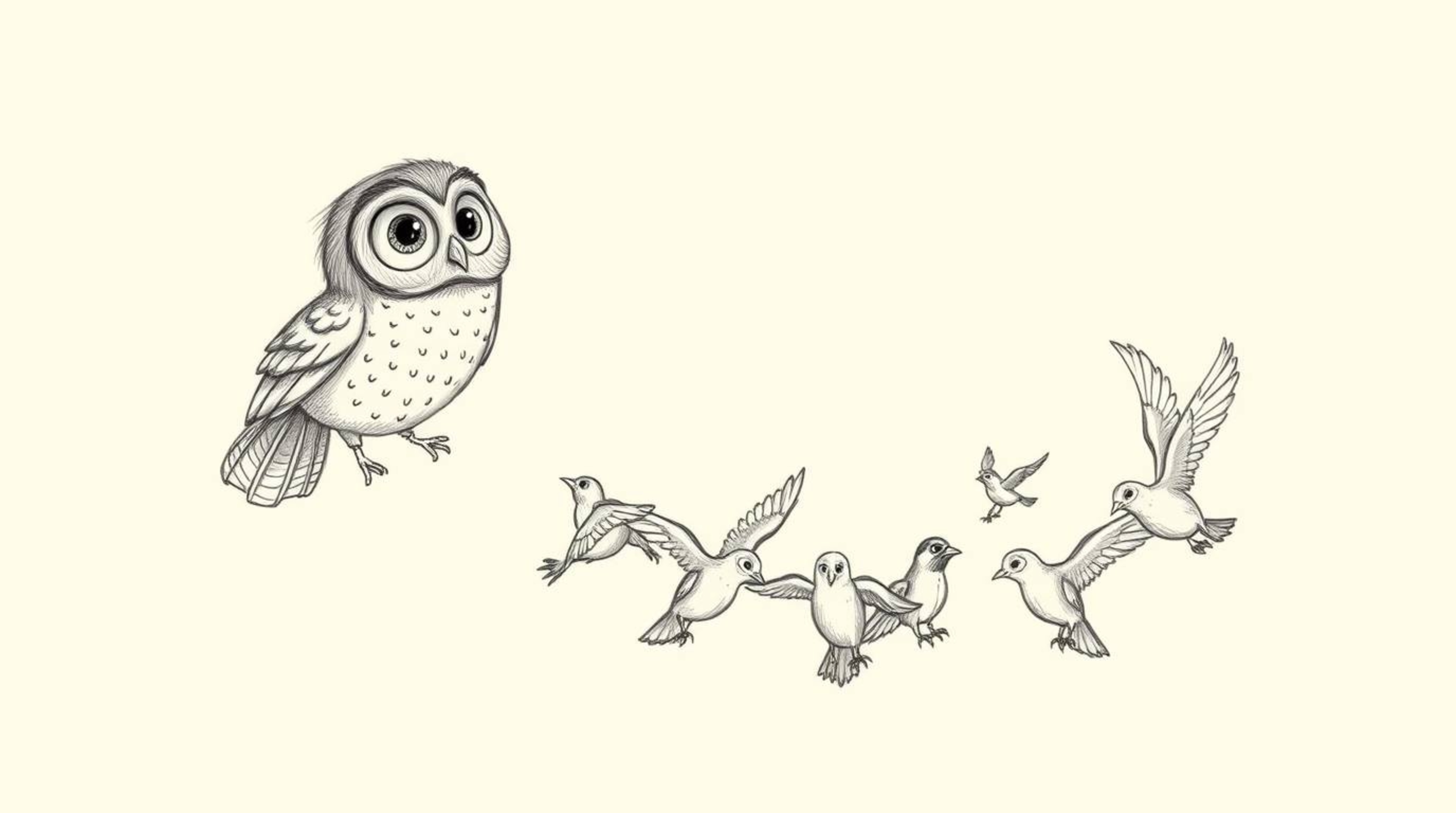 A heartwarming Pixar-esque hand-drawn sketch depicts a blind owl, distinguished by its large, expressive eyes, guiding a dive