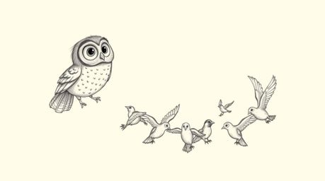 A heartwarming Pixar-esque hand-drawn sketch depicts a blind owl, distinguished by its large, expressive eyes, guiding a dive