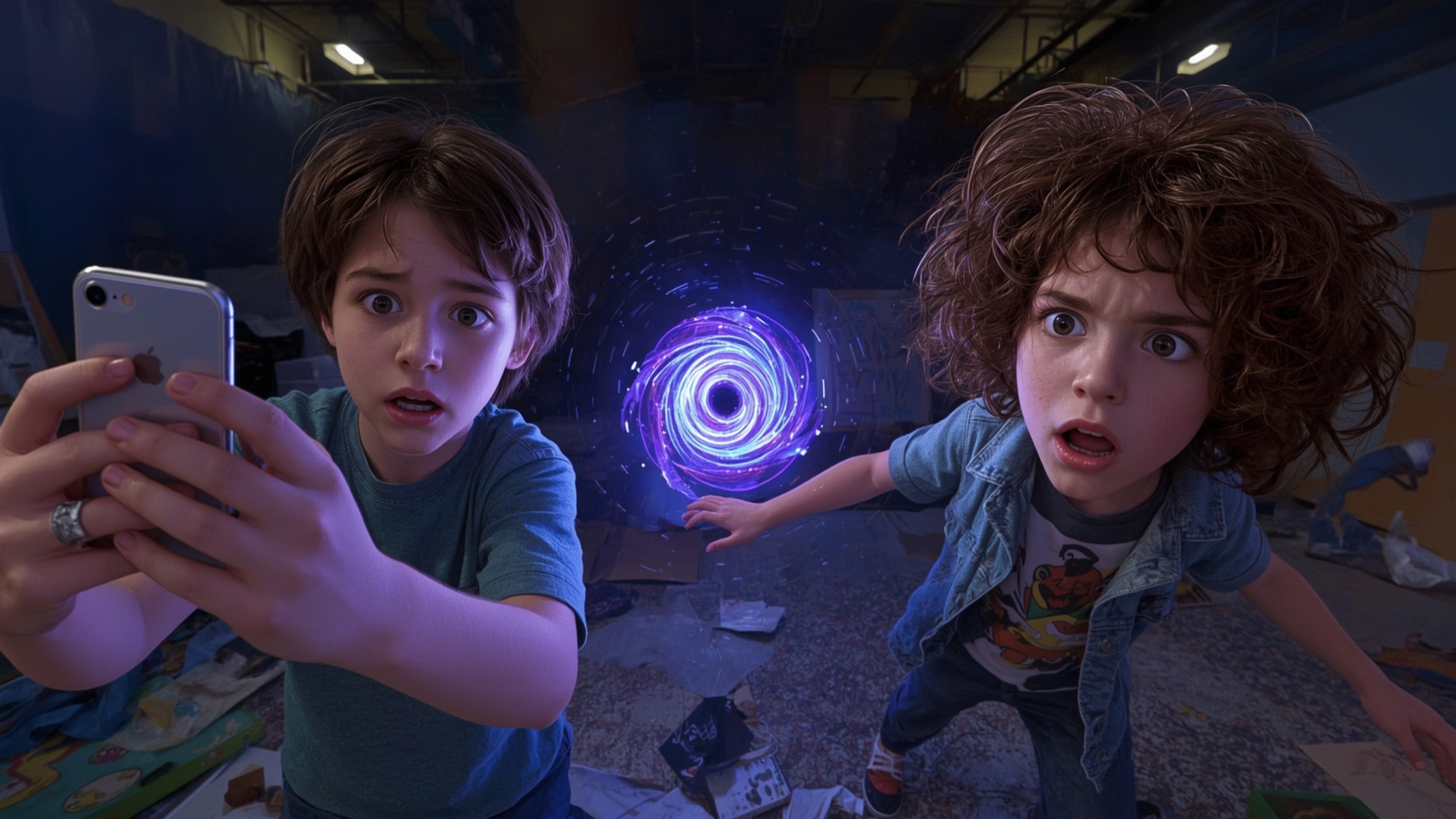 A highly detailed, cinematic photograph, reminiscent of Pixar's vibrant style, captures a tense and chaotic science fair scen