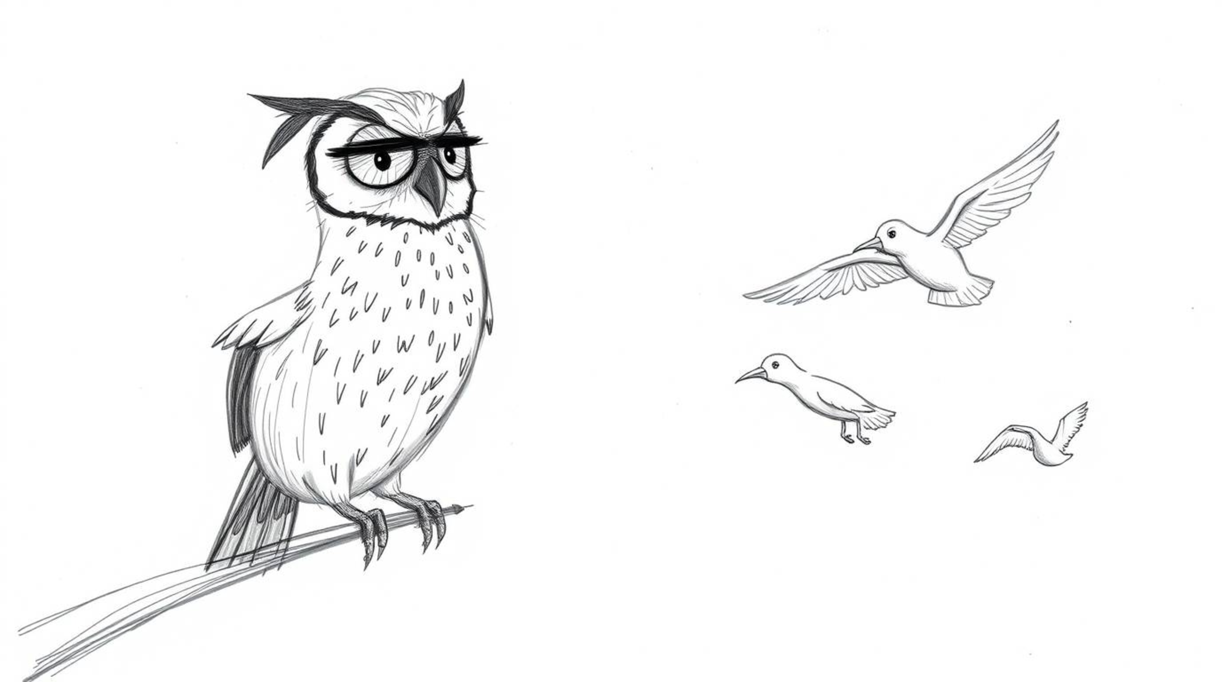 A captivating hand-drawn sketch depicts a blind owl, rendered with textured shading and rough pencil strokes, guiding birds t