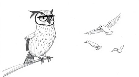 A captivating hand-drawn sketch depicts a blind owl, rendered with textured shading and rough pencil strokes, guiding birds t