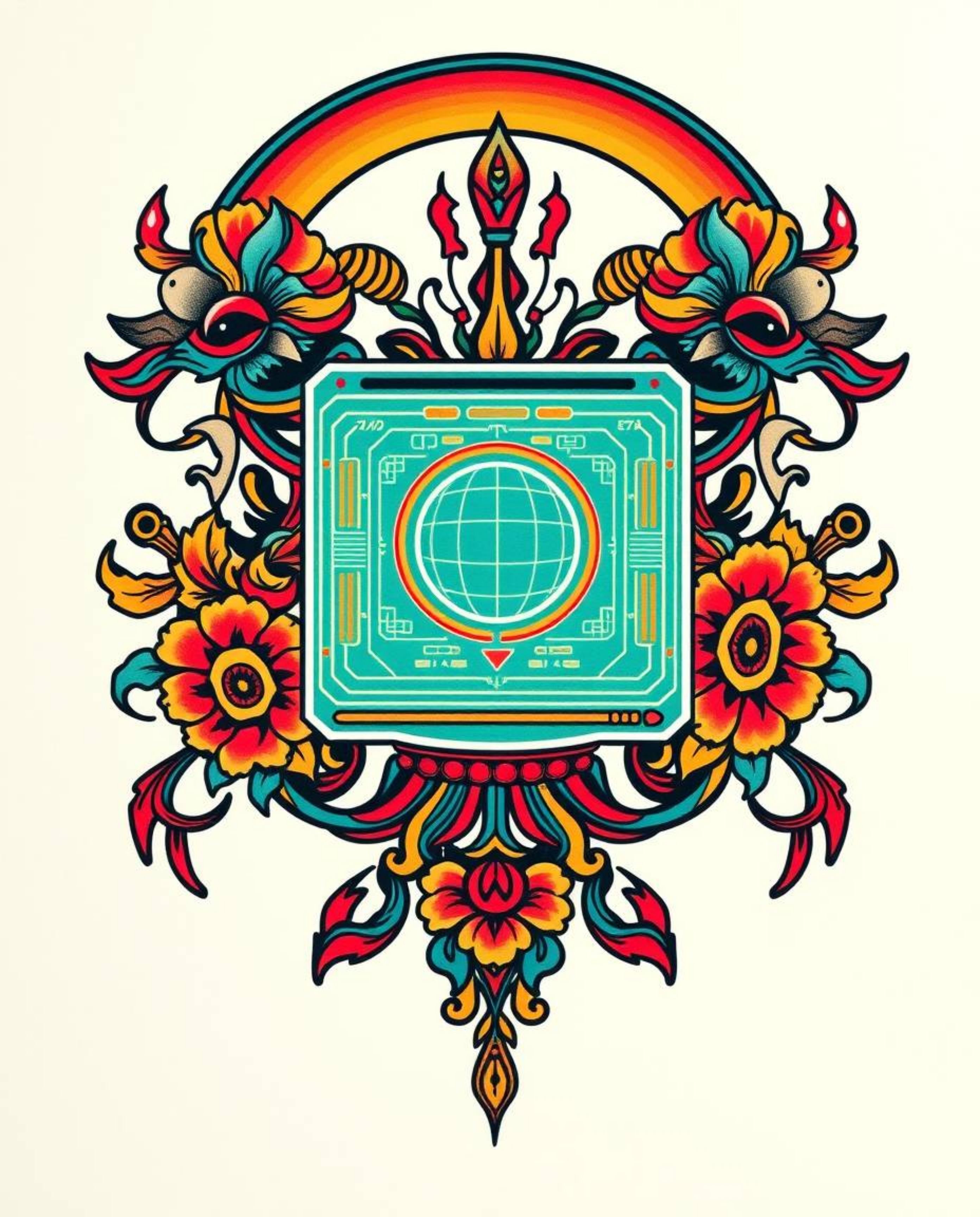 This design features a futuristic digital interface presented in a traditional tattoo style. Key elements include vibrant col