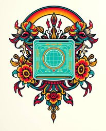 This design features a futuristic digital interface presented in a traditional tattoo style. Key elements include vibrant col