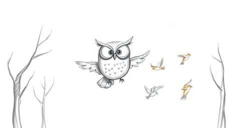Experience a heartwarming and whimsical scene of a blind owl gently gliding between trees in a Pixar-esque style, guiding a f