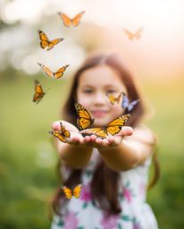 This image captures a serene moment of a girl releasing butterflies into the air, rendered with a captivating blurred bokeh e