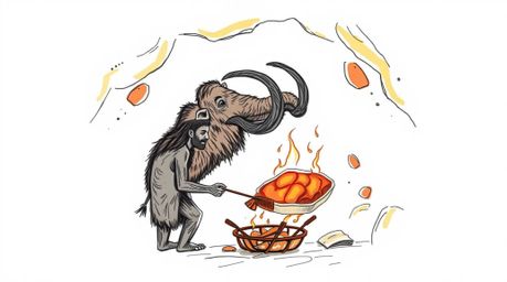 A vibrant, overhead hand-drawn sketchnote illustration depicts a caveman skillfully cooking mammoth meat, silhouetted against