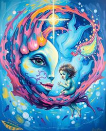 A captivating acrylic painting depicts a sea creature and a child in a vibrant, textured masterpiece. The artwork exudes an