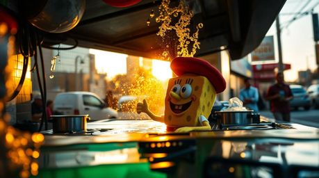 This captivating street photography series features a whimsical sponge character cooking in a vibrant underwater kitchen.  Ba