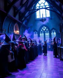 Experience the enchanting world of a magical school through a tight close-up shot, brimming with young wizards and bathed in 