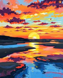 A bold acrylic painting captures an adorable and cute scene of a sunset sky mirrored in the tidal pools of a beach. This char