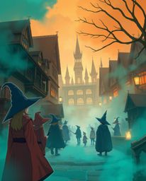An Isekai anime-style illustration depicting a magical school teeming with young wizards, rendered in a striking palette of w
