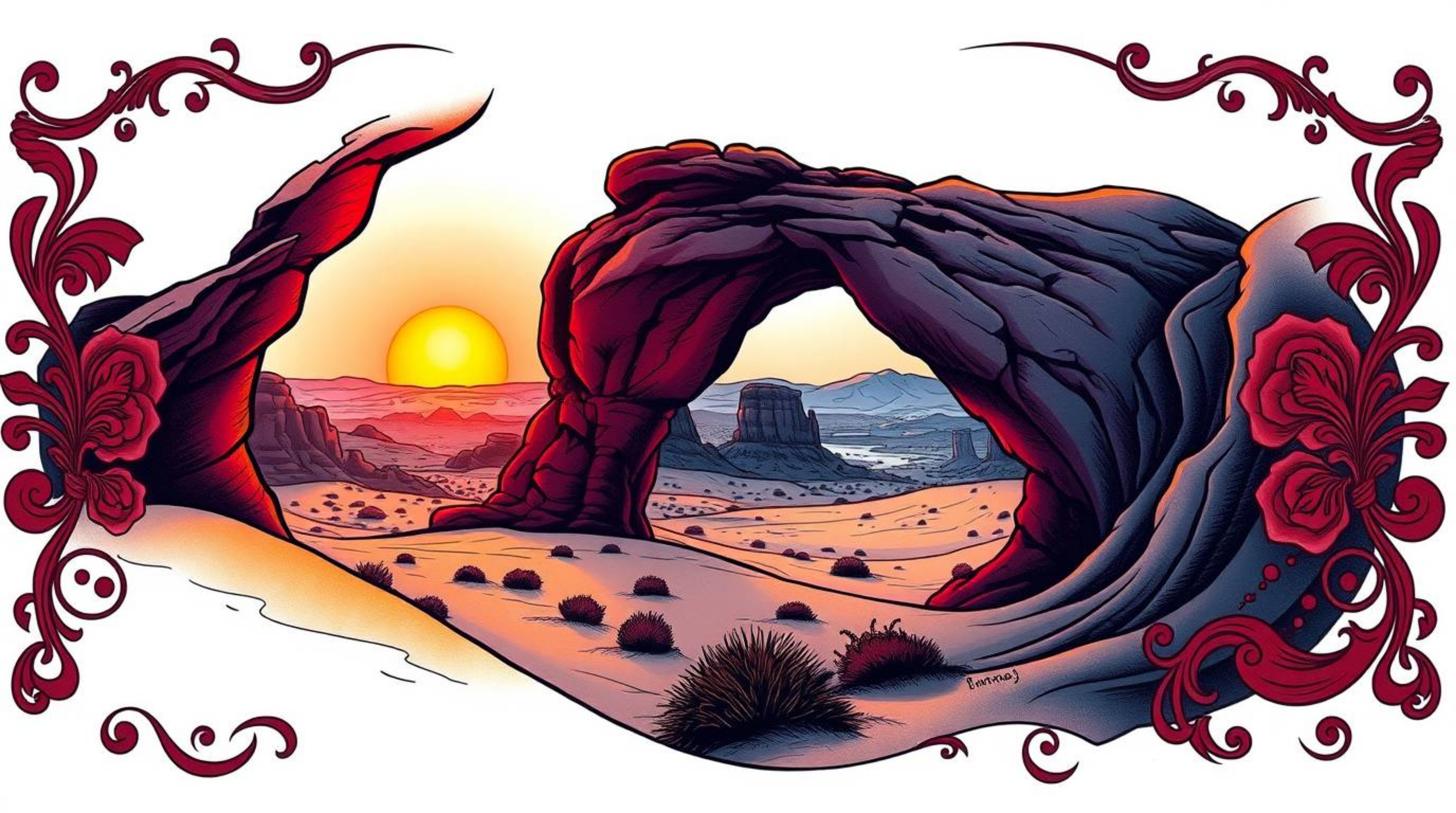 This art print combines the bold lines of traditional tattoo style with the serene beauty of a desert sunset seen through a n