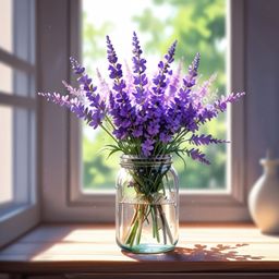 A beautiful and serene image featuring a fragrant bouquet of lavender artfully arranged in a vintage glass jar. The arrangeme