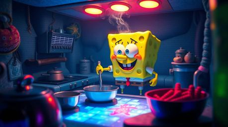 Dive into a captivating scene of a whimsical sponge character passionately cooking in a breathtaking underwater kitchen.  The
