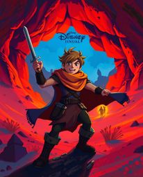 A captivating digital painting showcases a brave, Disney-style hero embarking on a vibrant desert adventure.  The artwork fea