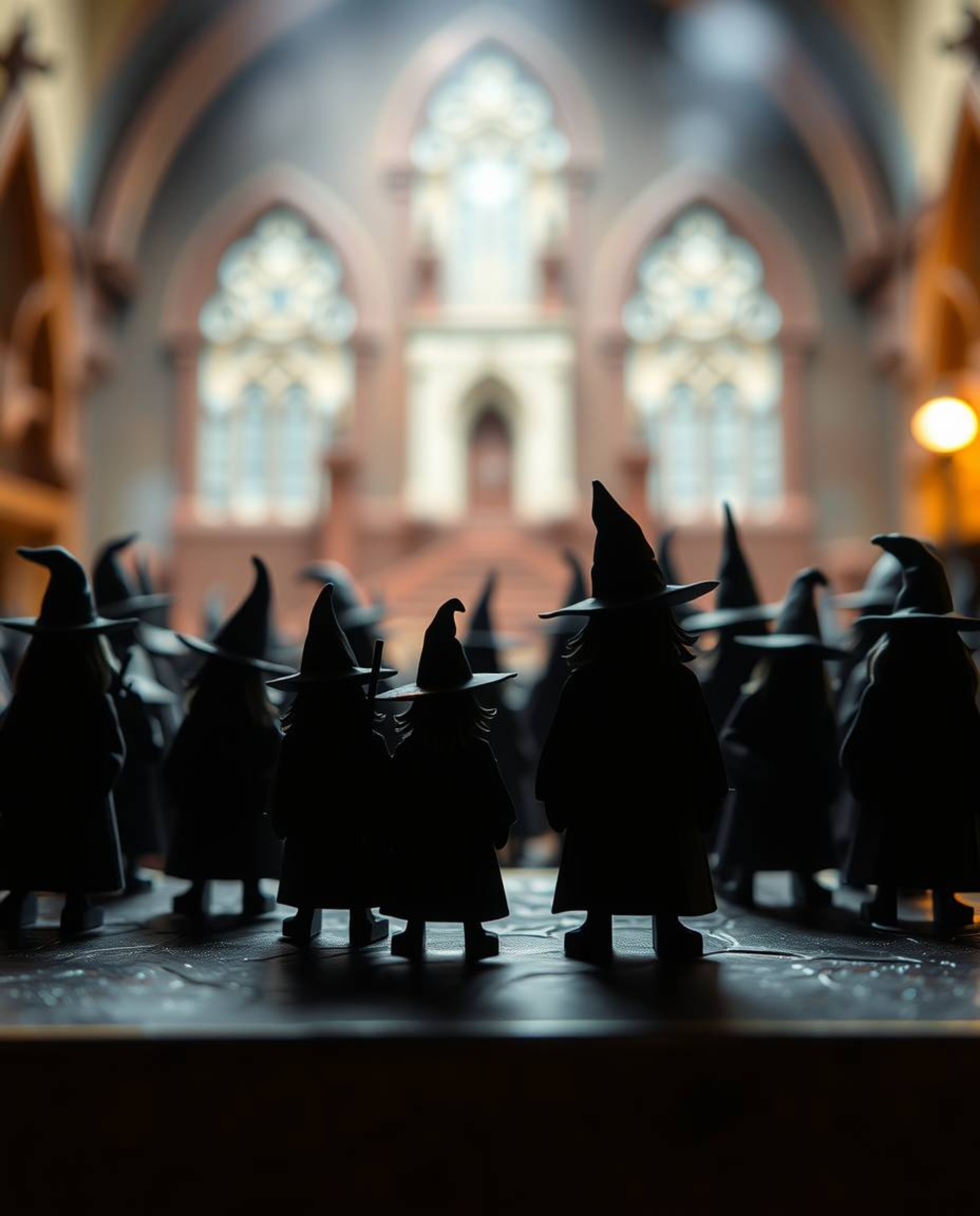 Immerse yourself in a magical school scene featuring young wizards silhouetted against a bronze surface. The blurred bokeh ba