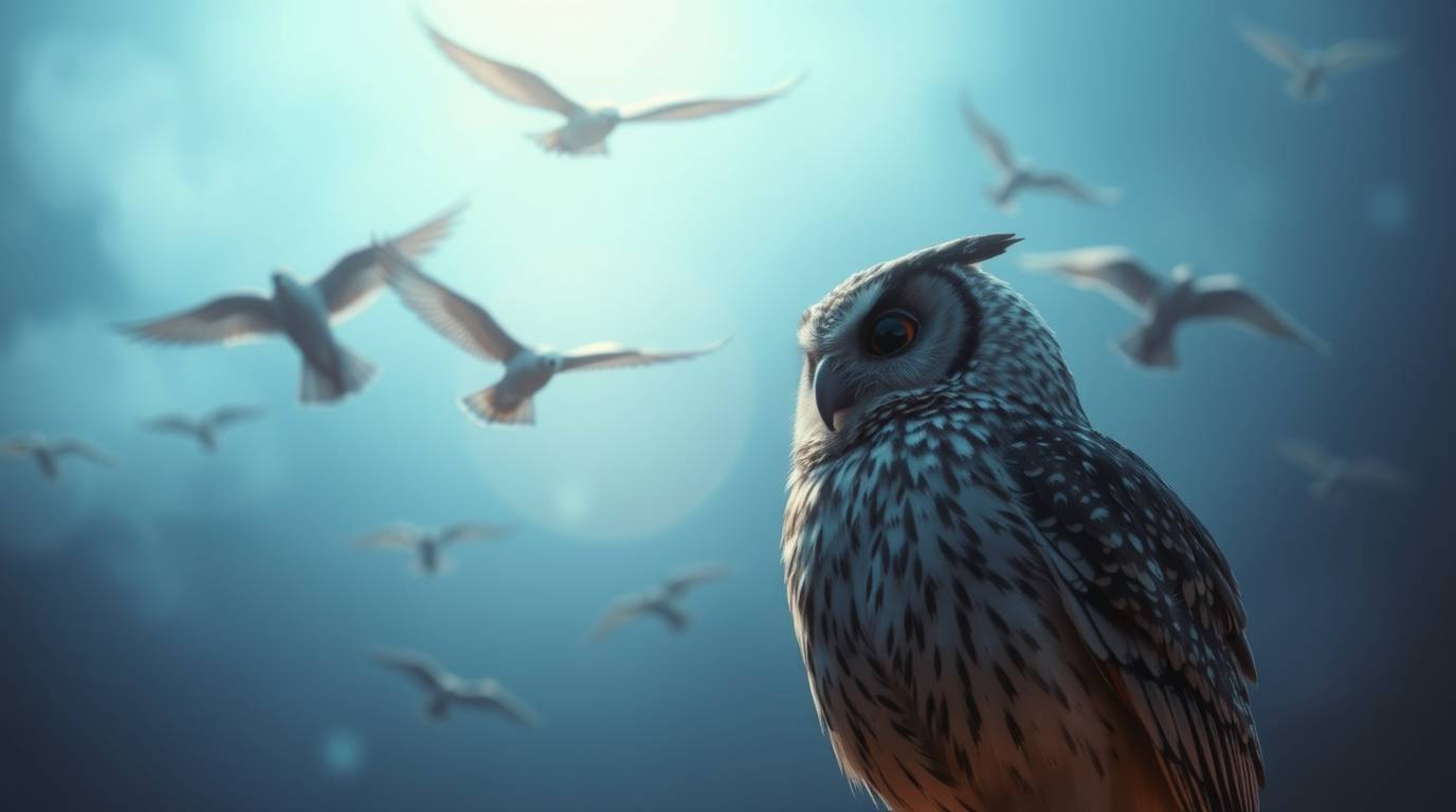 A Pixar-style image showcases a wise and proud blind owl overlooking flying birds. The scene is created with a long exposure 