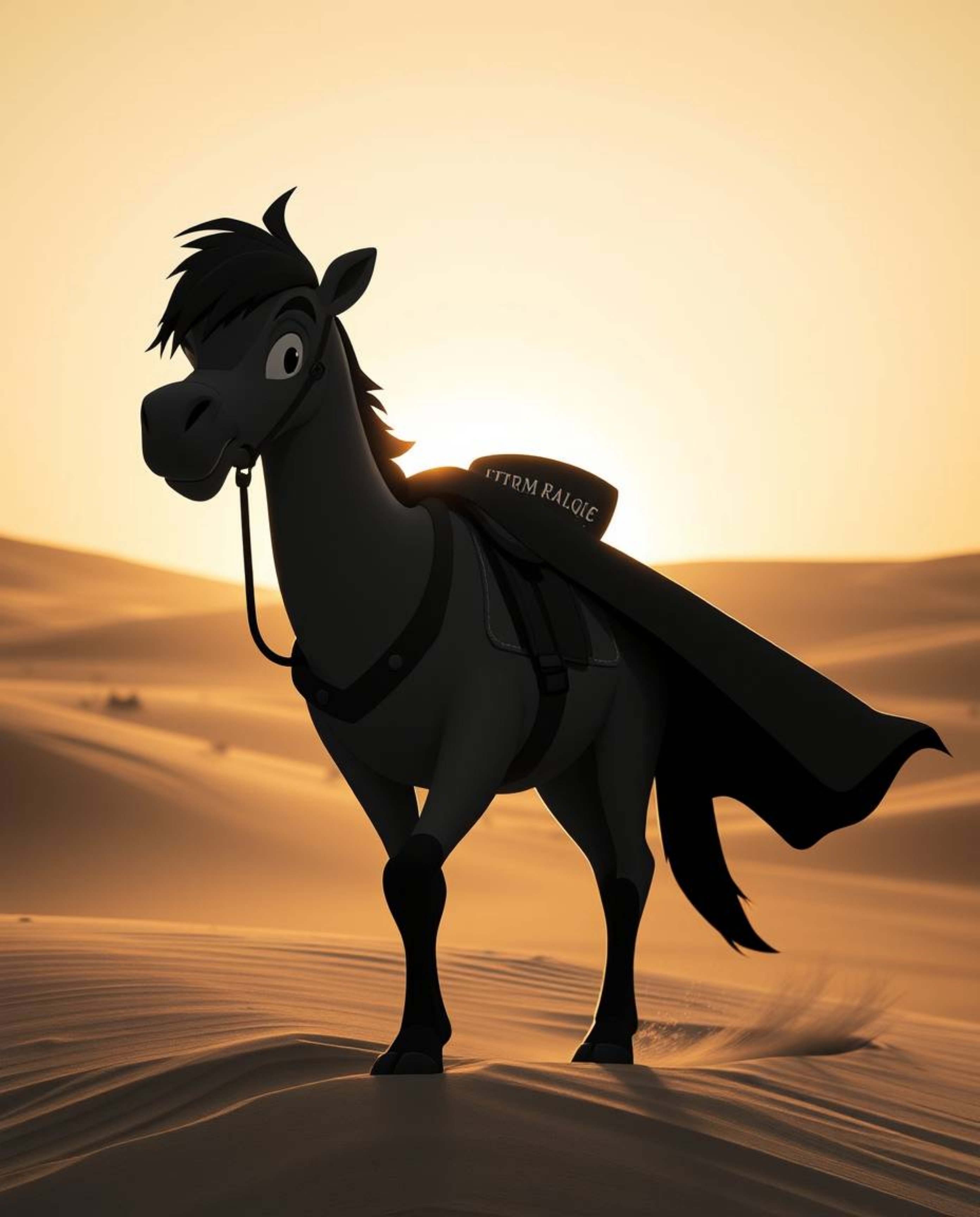 A timeless and elegant black and white illustration depicts a brave, Disney-style hero embarking on a desert adventure. Bath