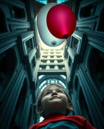 Capture the wonder of childhood with a low-angle perspective on architectural photography, featuring a child gazing at a ball