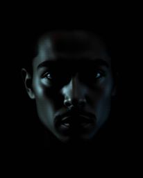 A captivating digital glitch art portrait in an intense jet black, dramatic cinematic style. Featuring a corrupted data aesth