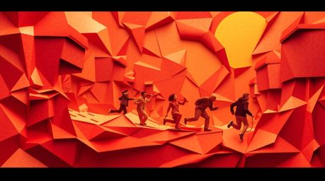 This warm-toned origami-style artwork depicts a dynamic chase scene with exaggerated squash and stretch, rendered in vibrant 