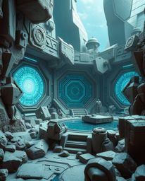 This artwork presents a grand and epic scene of a futuristic digital interface, characterized by intricate geometric patterns