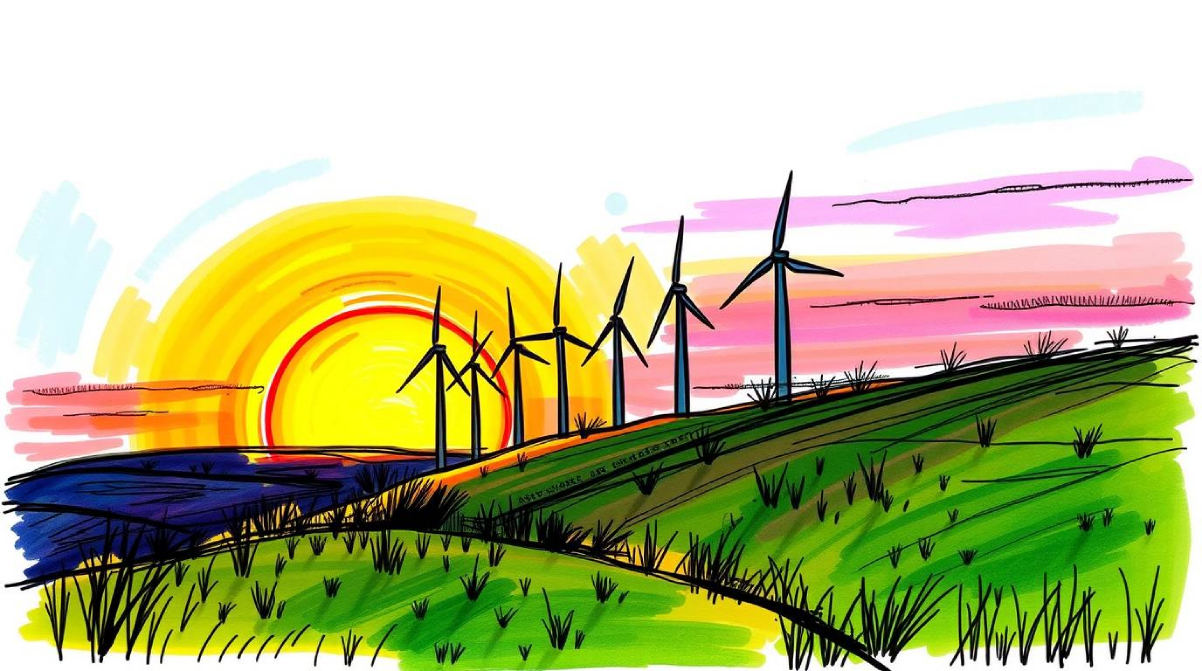 This artwork captures a vibrant scene of a sunset behind wind turbines on a hill, rendered in a hand-drawn sketchnote style. 
