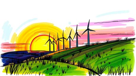 This artwork captures a vibrant scene of a sunset behind wind turbines on a hill, rendered in a hand-drawn sketchnote style. 