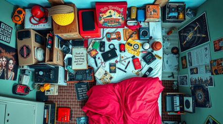 Discover a vibrant and detailed image of a messy bedroom, viewed from a bird's-eye perspective.  The scene is awash in electr