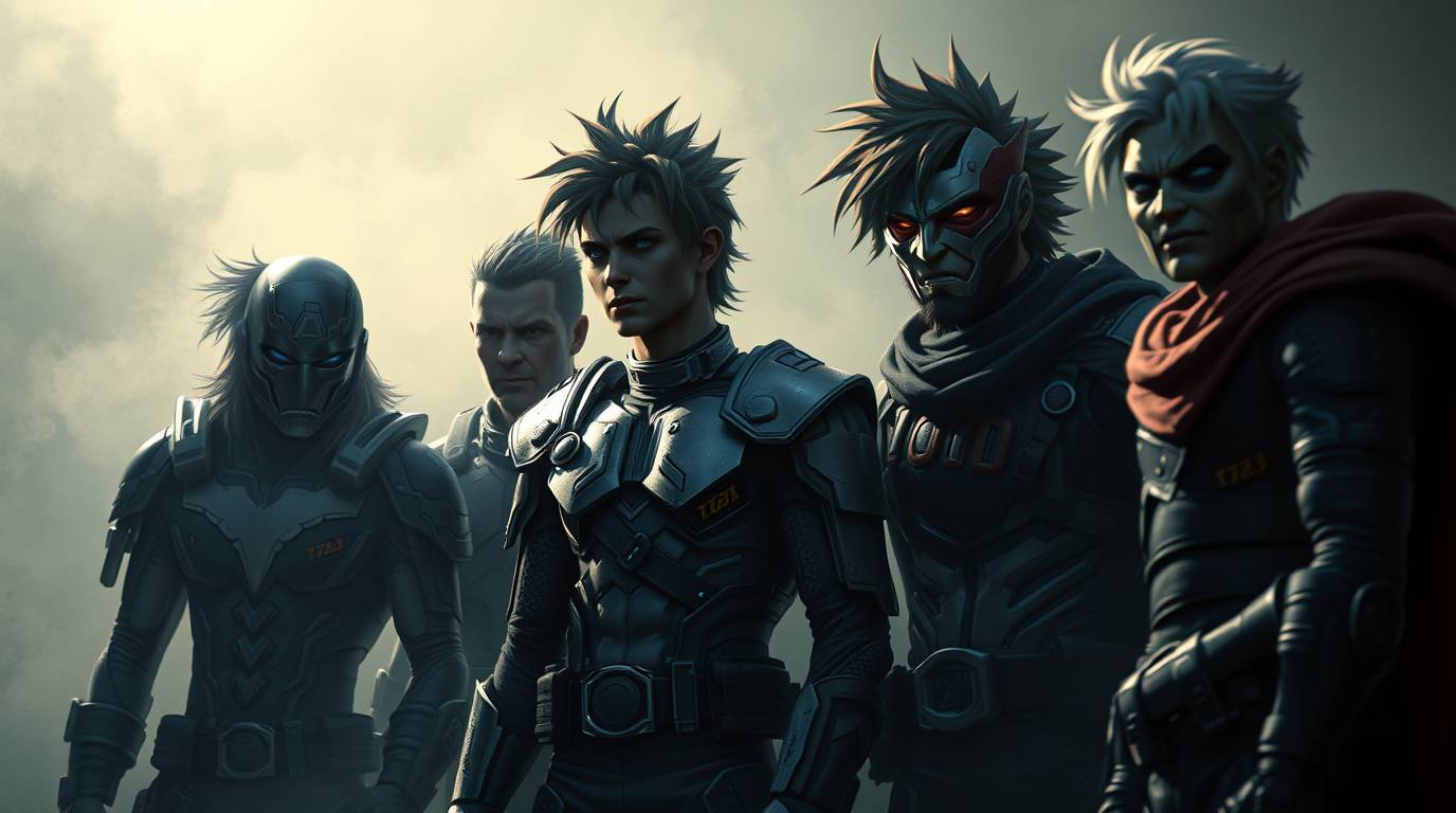 A captivating digital painting showcases a team of misfit heroes, rendered with a soft cinematic haze and soft focus. The haz